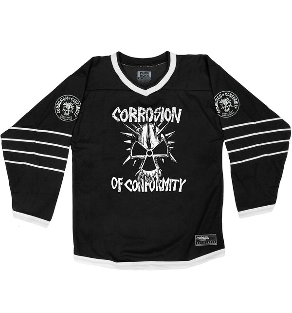 CORROSION OF CONFORMITY 'SKULL' hockey jersey in black and white front view