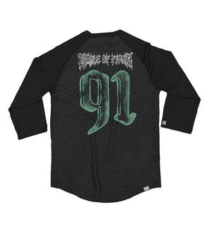 CRADLE OF FILTH 'DRAGON' hockey raglan t-shirt in graphite heather with black sleeves back view