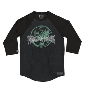 CRADLE OF FILTH 'DRAGON' hockey raglan t-shirt in graphite heather with black sleeves front view
