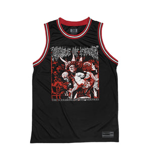 CRADLE OF FILTH 'VALKYRIES' sleeveless basketball jersey in black, red, and white front view