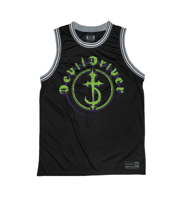 DEVILDRIVER 'CIRCLE' sleeveless basketball jersey in black, grey, and white front view