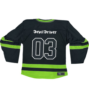 DEVILDRIVER 'CIRLCE' hockey jersey in black and neon green back view