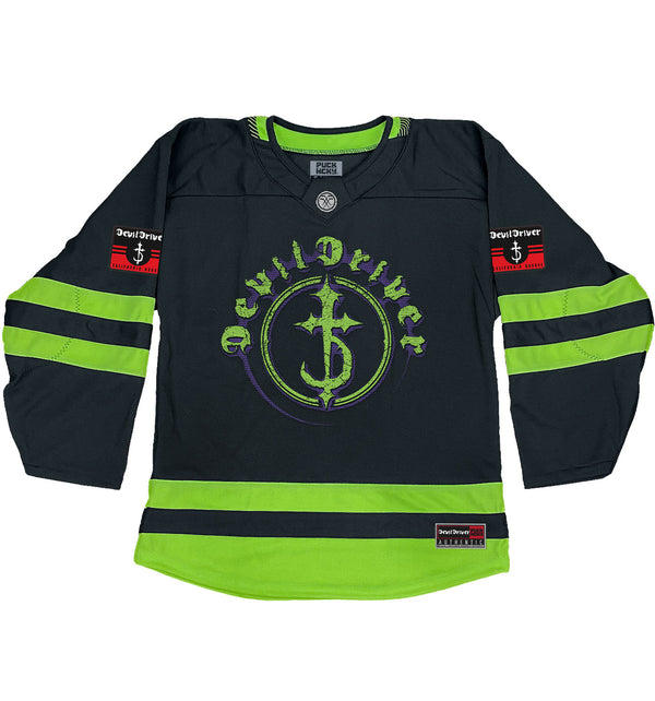 DEVILDRIVER 'CIRLCE' hockey jersey in black and neon green front view