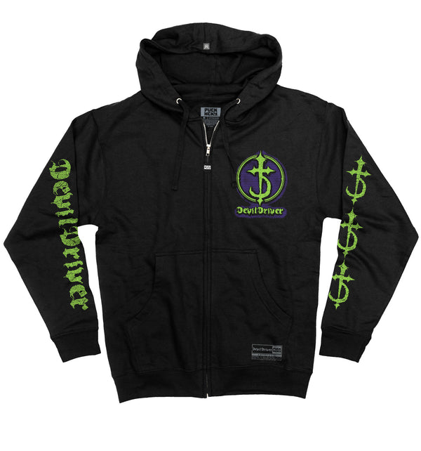 DEVILDRIVER 'CIRCLE' full zip hockey hoodie in black front view