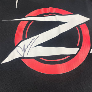 DEVIN TOWNSEND 'TEAM ZILTOID' limited edition, signed hockey jersey in black, red, and white front view close up