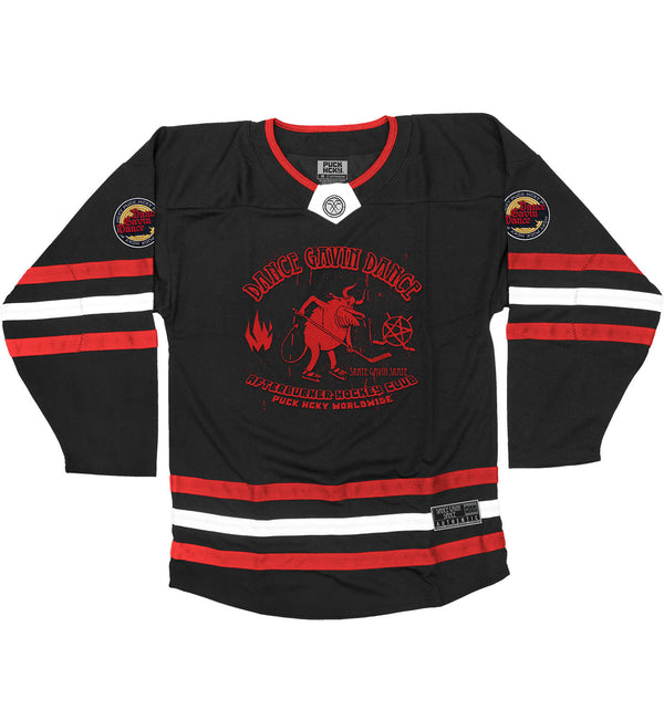 Dance Gavin Dance 'Afterburner' hockey jersey in black, red, and white front view