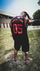 DANCE GAVIN DANCE 'AFTERBURNER' sleeveless summer league jersey in black, red, and white back view on model