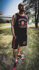 DANCE GAVIN DANCE 'AFTERBURNER' sleeveless summer league jersey in black, red, and white front view on model