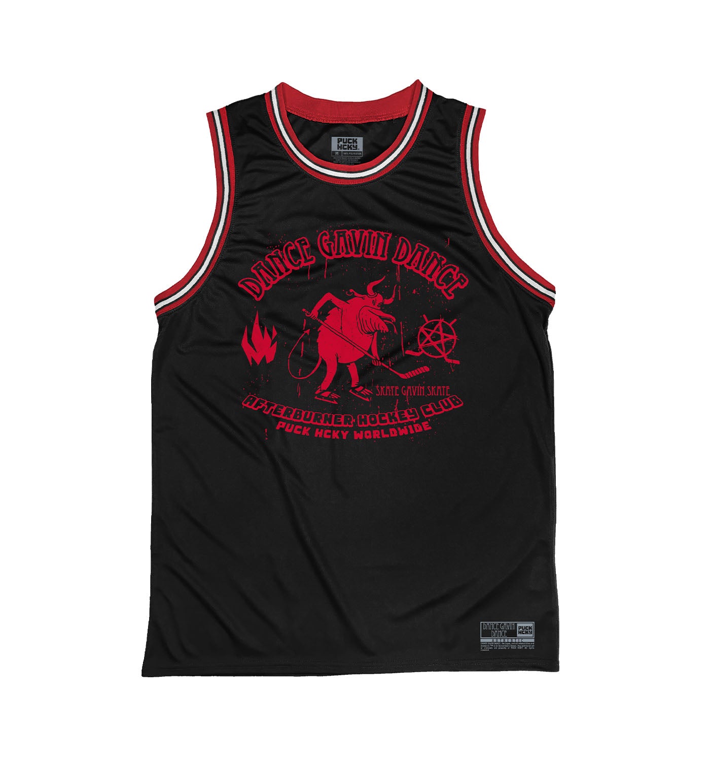 DANCE GAVIN DANCE 'AFTERBURNER' sleeveless summer league jersey in black, red, and white front view