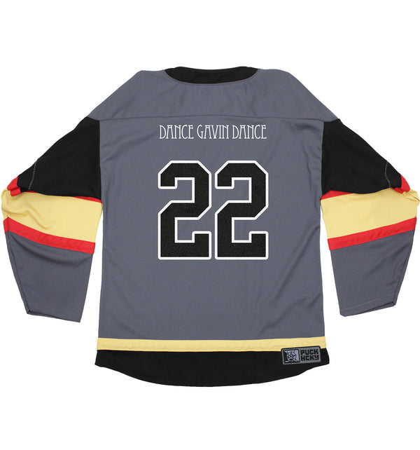 DANCE GAVIN DANCE 'JACKPOT JUICER' limited edition deluxe hockey jersey in charcoal grey, black, gold, and red back view