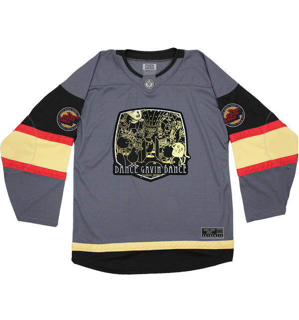 DANCE GAVIN DANCE 'JACKPOT JUICER' limited edition deluxe hockey jersey in charcoal grey, black, gold, and red front view