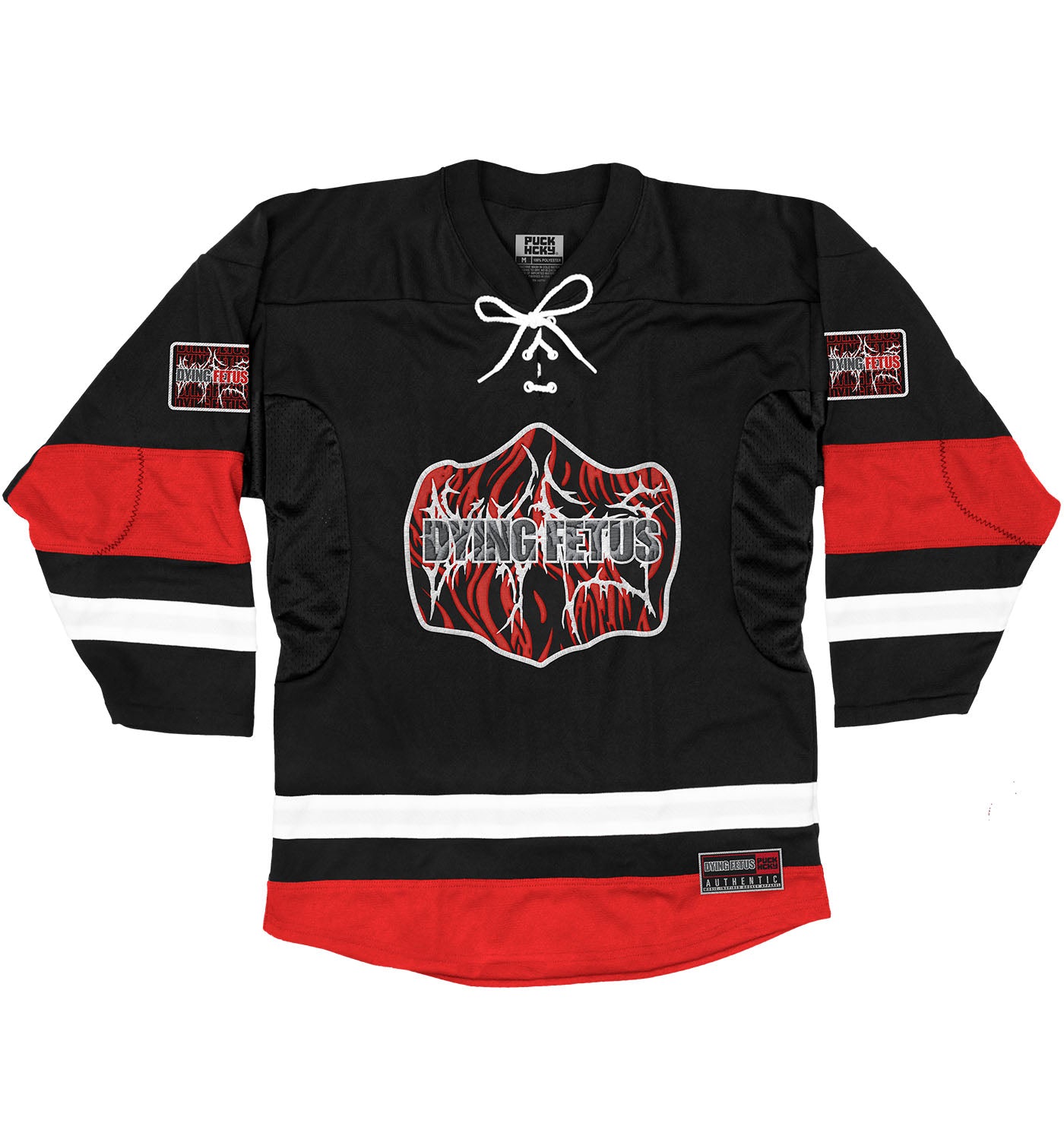 DYING FETUS 'DOUBLE LOGO' deluxe hockey jersey in black, white, and red front view
