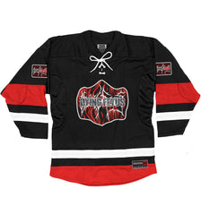 DYING FETUS 'DOUBLE LOGO' deluxe hockey jersey in black, white, and red front view