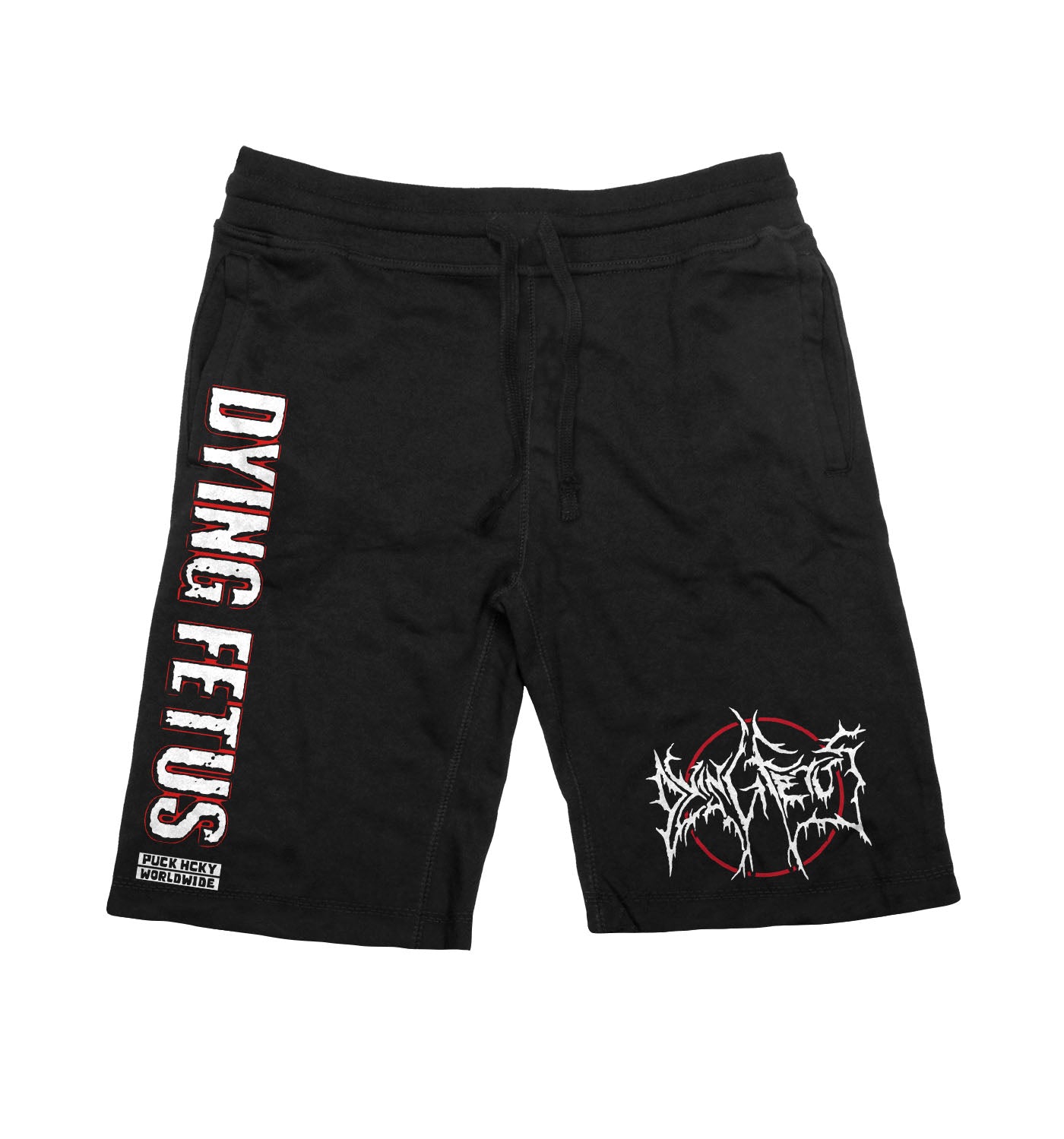 DYING FETUS 'DOUBLE LOGO' fleece hockey shorts in black front view
