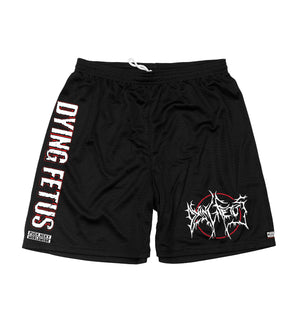 DYING FETUS 'DOUBLE LOGO' mesh hockey shorts in black front view