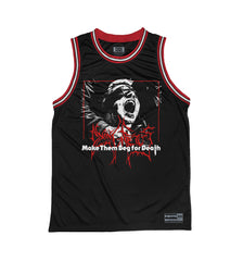 DYING FETUS 'MAKE THEM BEG' sleeveless basketball jersey in black, red, and white front view