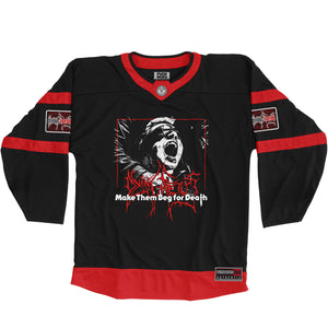 DYING FETUS 'MAKE THEM BEG' hockey jersey in black and red front view