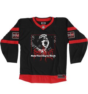 DYING FETUS 'MAKE THEM BEG' hockey jersey in black and red front view