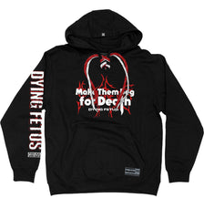 DYING FETUS 'MAKE THEM BEG' laced pullover hockey hoodie in black with red and white striped laces front view