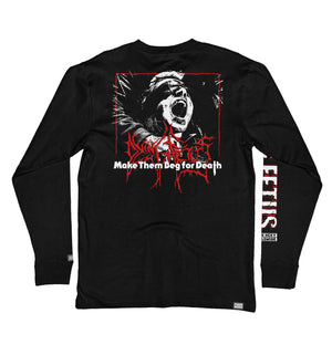 DYING FETUS 'MAKE THEM BEG' long sleeve hockey t-shirt in black back view