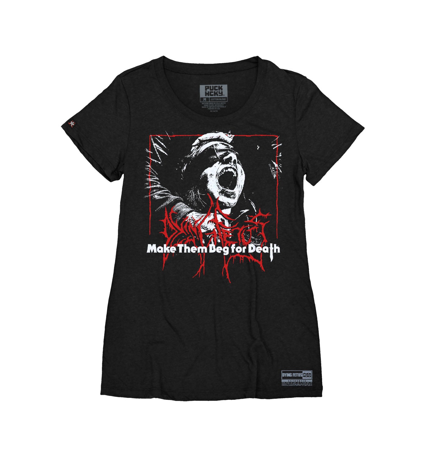 DYING FETUS 'MAKE THEM BEG' women's short sleeve hockey t-shirt in black front view