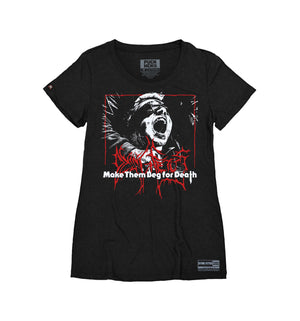 DYING FETUS 'MAKE THEM BEG' women's short sleeve hockey t-shirt in black front view