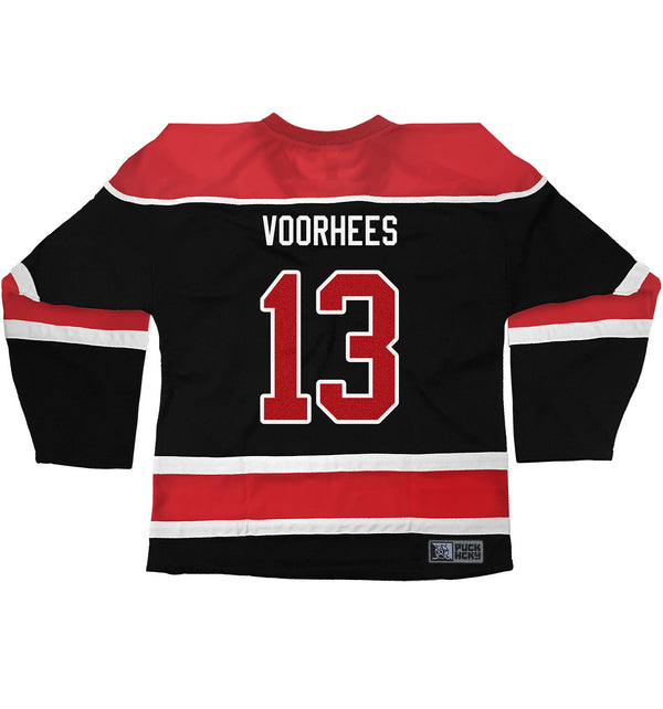 FIRST JASON 'SLASHERS' hockey jersey in black, red, and white back view