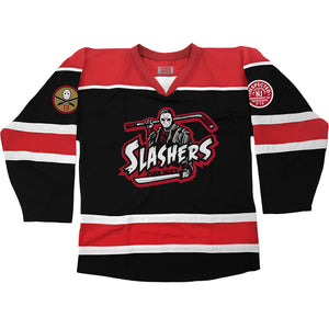 FIRST JASON 'SLASHERS' hockey jersey in black, red, and white front view