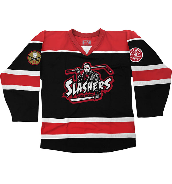 FIRST JASON 'SLASHERS' hockey jersey in black, red, and white front view