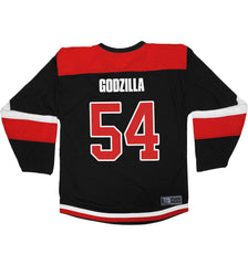GODZILLA 'AWAKENED' hockey jersey in black, red, and white back view