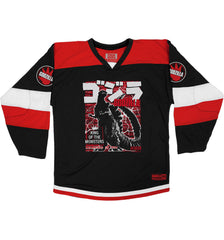 GODZILLA 'AWAKENED' hockey jersey in black, red, and white front view