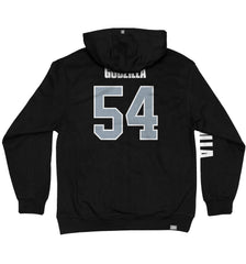 GODZILLA ‘AWAKENED’ laced pullover hockey hoodie in black with grey and white striped hockey laces back view
