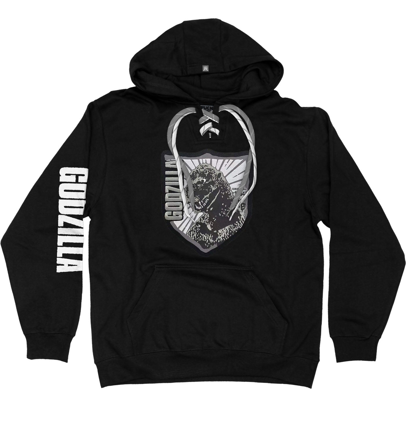 GODZILLA ‘AWAKENED’ laced pullover hockey hoodie in black with grey and white striped hockey laces front view