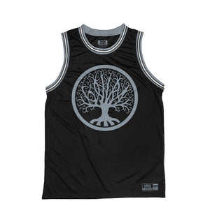 GOJIRA 'FROM THE TREES' sleeveless basketball jersey in black, grey, and white front view