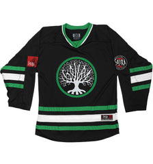 GOJIRA 'FROM THE TREES' deluxe hockey jersey in black, kelly green, and white front view