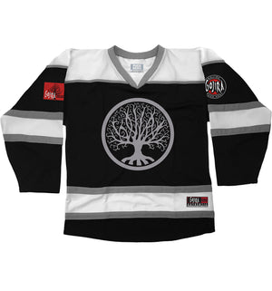 GOJIRA 'FROM THE TREES' hockey jersey in black, white, and grey front view