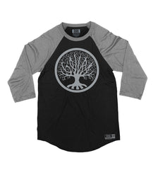 GOJIRA 'FROM THE TREES' hockey raglan t-shirt in black with athletic heather sleeves front view