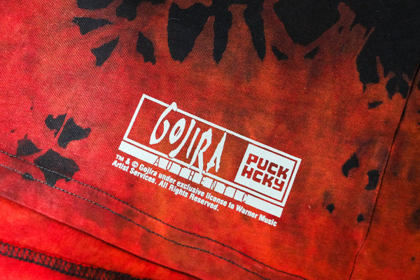 Gojira 'The Shooting Star' limited edition long sleeve hockey t-shirt in black with red tie dye close up hem tag