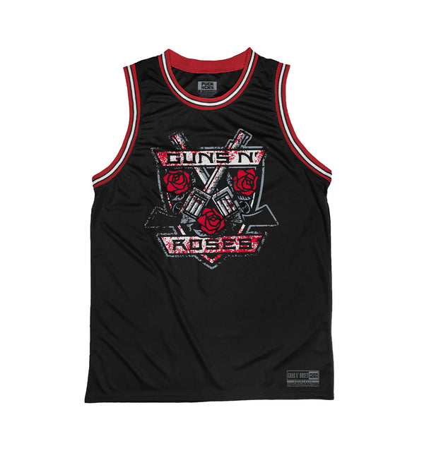GUNS N' ROSES 'THE KINGS' sleeveless basketball jersey in black, red, and white front view