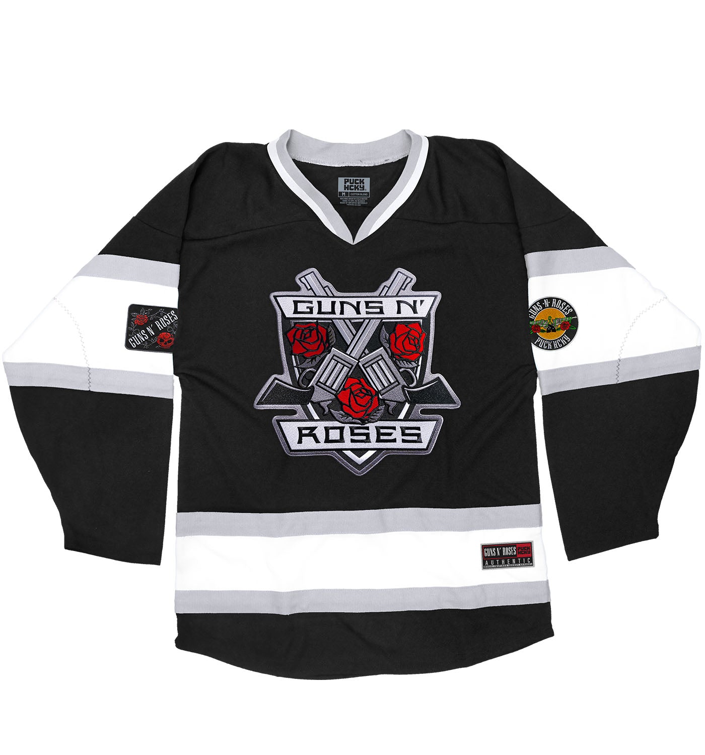 GUNS N' ROSES 'THE KINGS' deluxe hockey jersey in black, white, and grey front view