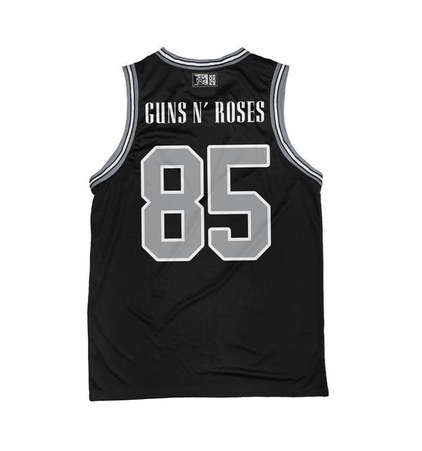 GUNS N' ROSES 'WORLDWIDE' sleeveless basketball jersey in black, grey, and white back view