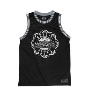 GUNS N' ROSES 'WORLDWIDE' sleeveless basketball jersey in black, grey, and white front view