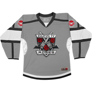 GUNS N' ROSES 'THE KINGS' deluxe hockey jersey in grey, black, and white front view