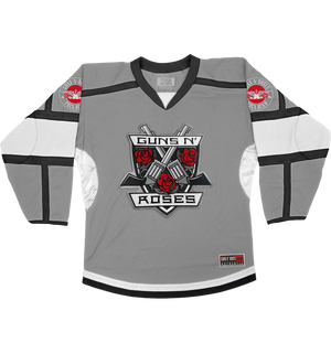 GUNS N' ROSES 'THE KINGS' deluxe hockey jersey in grey, black, and white front view