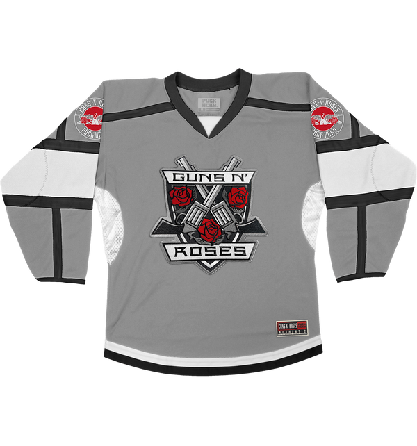 GUNS N' ROSES 'THE KINGS' deluxe hockey jersey in grey, black, and white front view