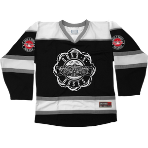 GUNS N' ROSES ‘WORLDWIDE’ hockey jersey in black, white, and grey front view