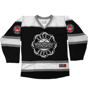 GUNS N' ROSES ‘WORLDWIDE’ hockey jersey in black, white, and grey front view