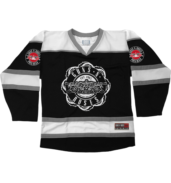 GUNS N' ROSES ‘WORLDWIDE’ hockey jersey in black, white, and grey front view