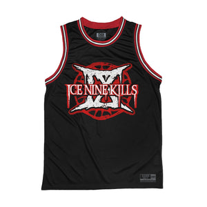 ICE NINE KILLS 'IX' sleeveless basketball jersey in black, red, and white front view