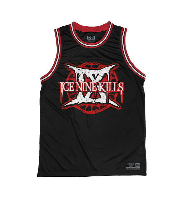 ICE NINE KILLS 'IX' sleeveless basketball jersey in black, red, and white front view